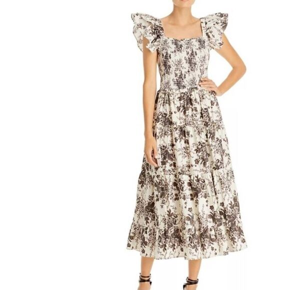 Lini Smocked Ruffle Sleeve Floral Midi Dress Ivory Black Women's Small - Picture 1 of 14